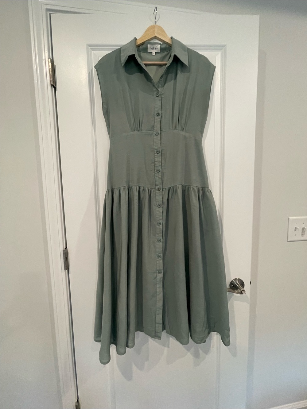 Bohme Sage Green Button-Front Midi Dress